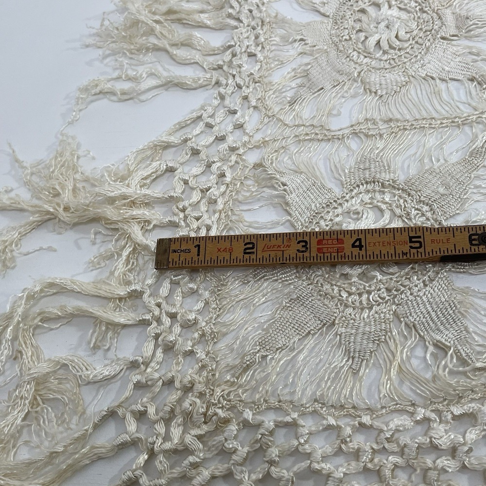 Vintage Cream Lace Crochet Coverlet Shawl Wrap Square Floral Fringe Delicate - Picture 12 of 16